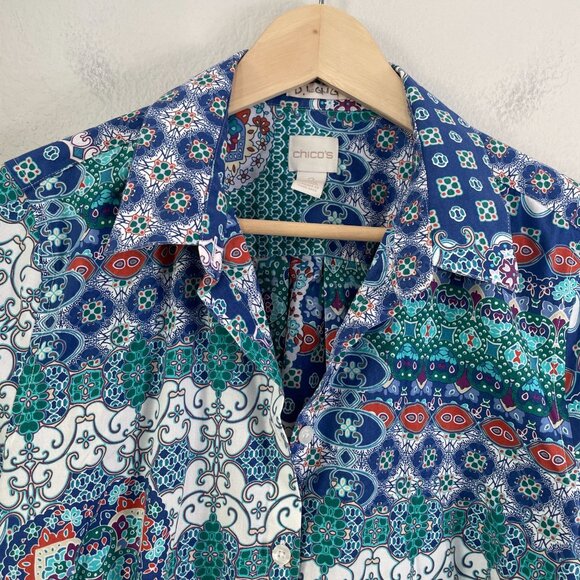 Chicos 2 Womens Large Multicolor Button Up Shirt 3/4 Sleeve Pocket Blouse Top - Picture 9 of 12